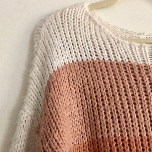 12th Tribe white, mauve pink, orange and red Too Soon knit sweater - Picture 2 of 10